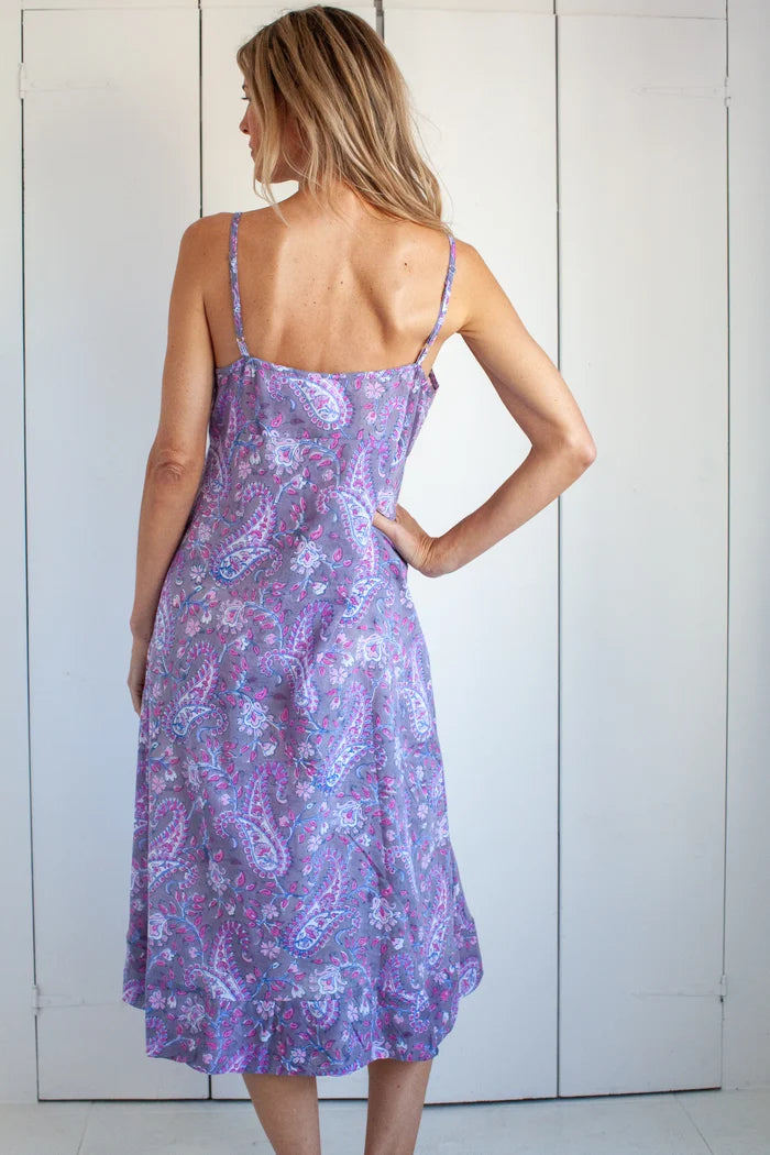 Kerry Cassill} Hand Block Printed Cotton Ruffle Bias Slip Dress