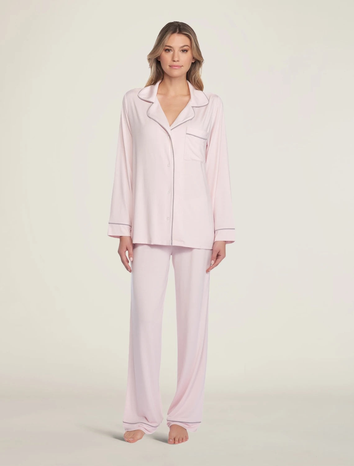 {Barefoot Dreams} Luxe Milk Jersey Pajamas :: Women's :: Pink w/ Pewter  Piping